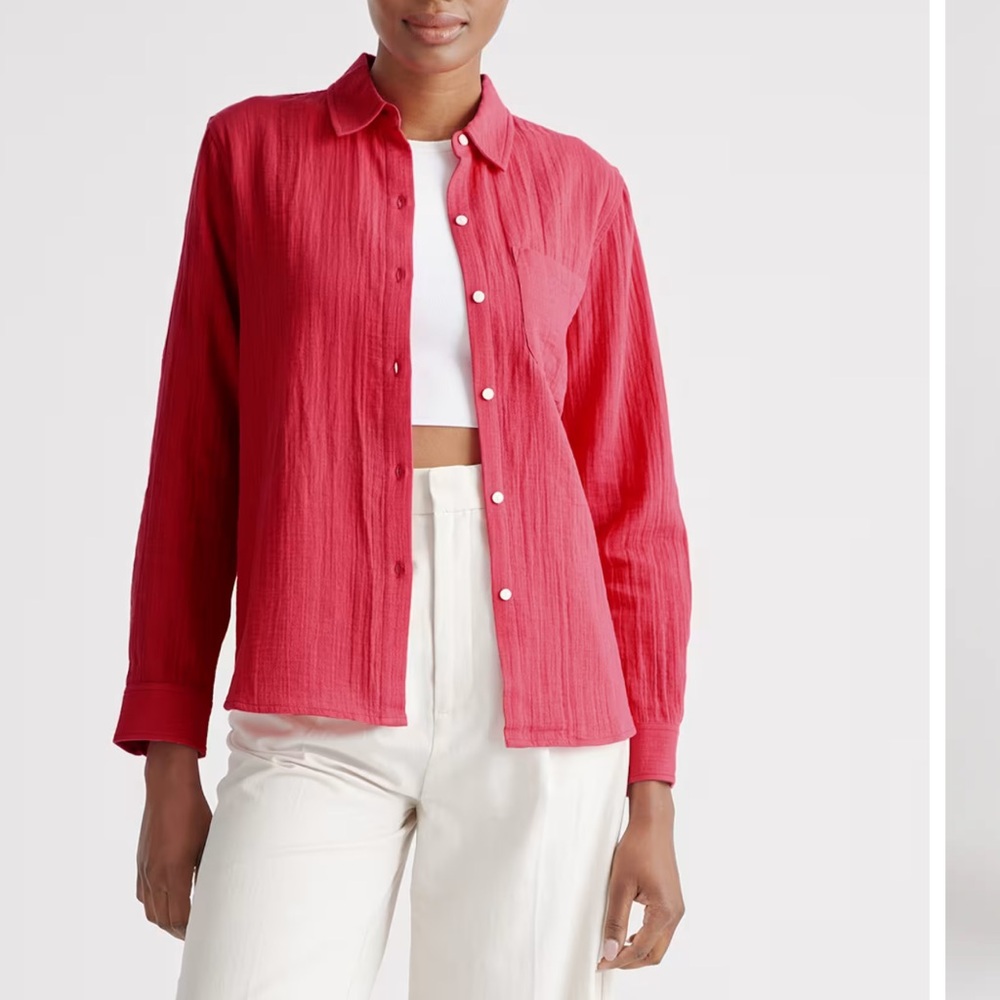 Quince 100% organic cotton gauze long sleeves Button-Up Shirt hot pink size XS